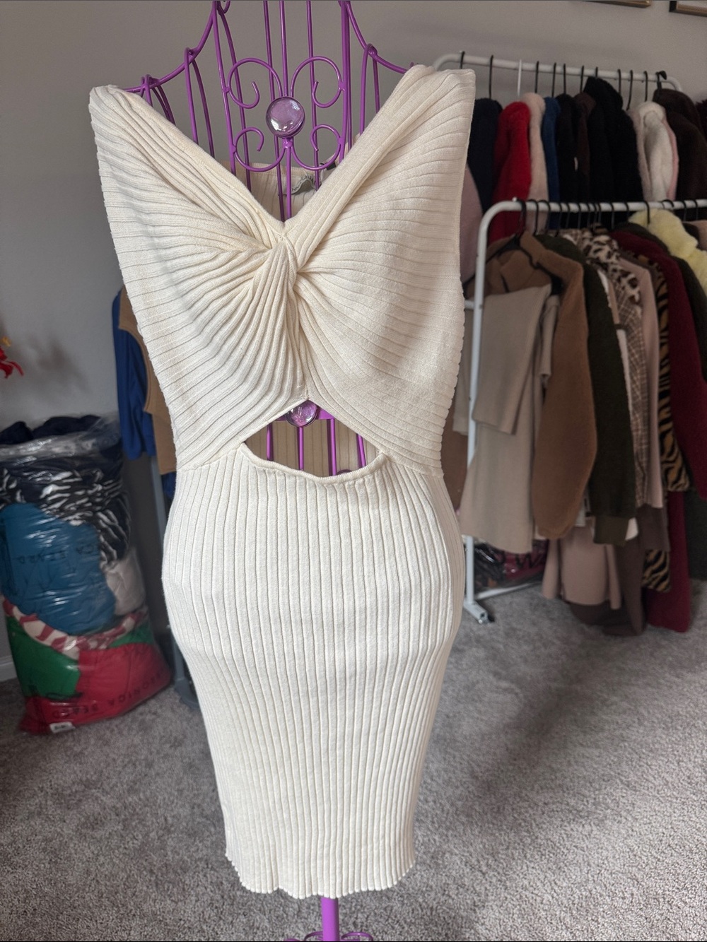 Ana Quan Backless Knot Front Ribbed Assymetric Midi Dress in Cream